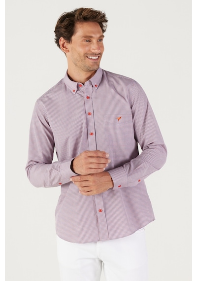 AC&Co / Altınyıldız Classics Erkek Lacı Kırmızı Slim Fit Dar Kesim Düğmeli Yaka Logolu Cepli Pamuklu Çizgili Gömlek Lacivert - Kırmızı