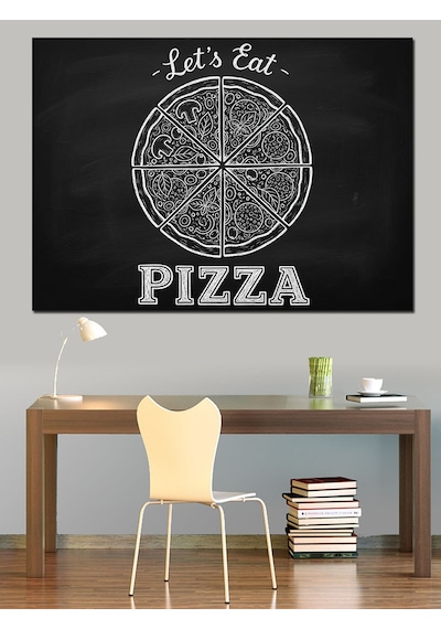 Kara Tahta Pizza Çizimi Dekoratif Kanvas - Mdf Ahşap Tablo