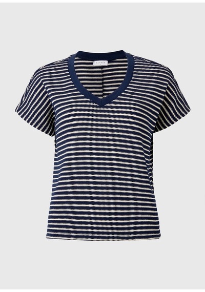Kadın Lacivert Beyaz Çizgili V Yaka Kısa Kollu Örme T-shirt, Bluz Lacivert