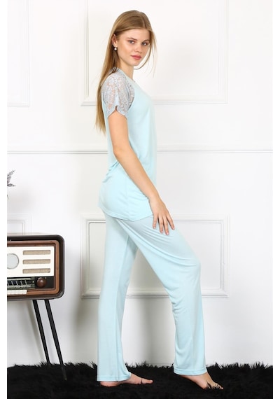Akbeniz Kadın Kolu Dantelli Penye Pijama Takım 4151 - S Su Yeşili