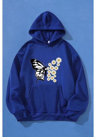 Papatya Kelebek Baskılı Oversize Sweatshirt Mavi