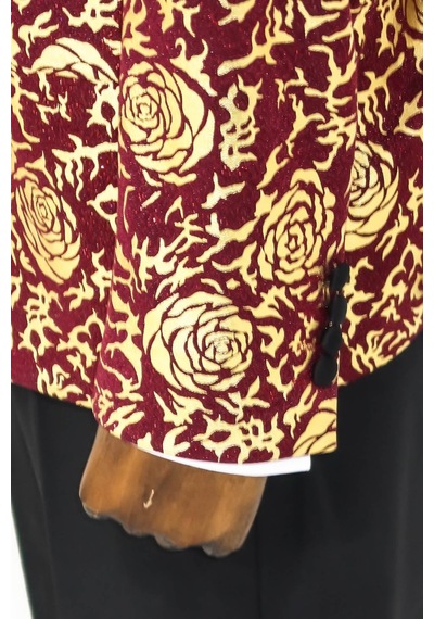Wessi Gold Gül Desenli Slim Fit Bordo Erkek Smokin Ceket Bordo
