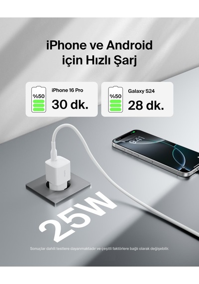 Belkin Wca012kq1mwh-b6 Boostcharge 25w Usb-c Hızlı Şarj Adaptörü + Usb-c To Usb-c Kablo 1m - Beyaz