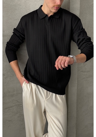 Erkek Polo Yaka Fitilli Oversize Triko Kazak Siyah