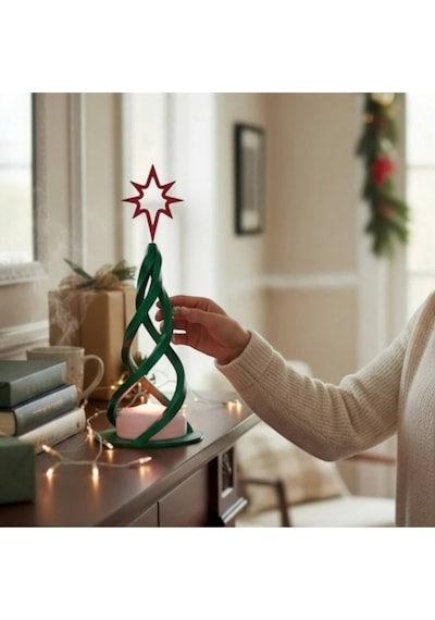 2'li Set: 3d Baskı Spiral Noel Ağacı Yılbaşı Dekorasyonu - Kırmızı Yıldızlı 26 Cm Boy