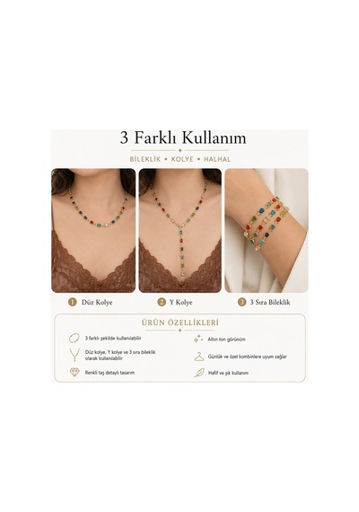 Aura Collection Mosaïque 3 Ü 1 Arada Renkli Taşlı Gold Kolye & Bileklik Altın Altın