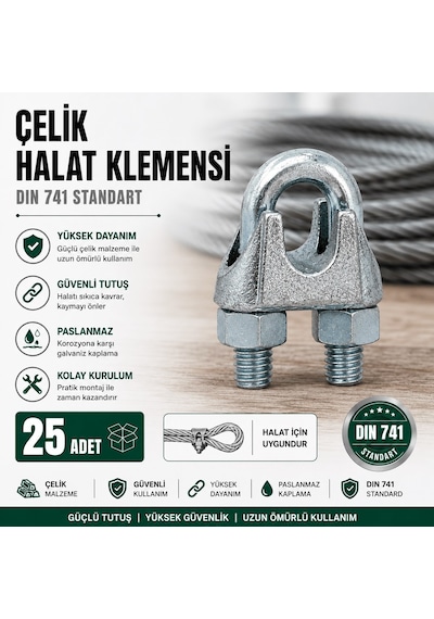 25 Adet Galvanizli Çelik Halat Klemensi, Dın 741 Tel Halat Sabitleme Ve Birleştirme Kelepçesi, Dayanıklı Halat Bağlantı
