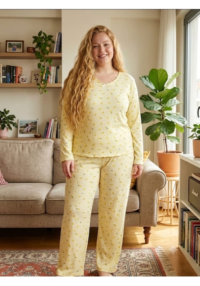 Büyük Beden Yumuşak Tuşeli Uzun Kol Likralı Pijama Takımı Sarı