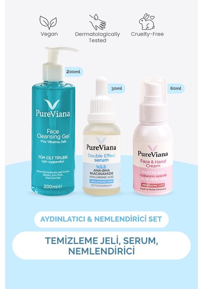 Pureviana Aydınlatıcı & Nemlendirici Cilt Bakım Seti 3 Lü Temizleme, Serum, Nemlendirici