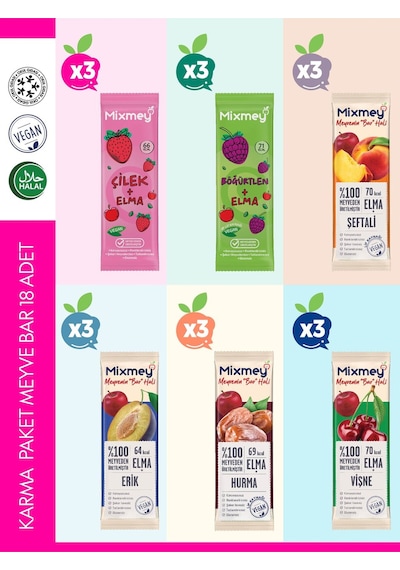 Mixmey Karma 3 Meyve Bar 18 Adet | Atıştırmalıklar – Vegan, Glutensiz, Koruyucusuz 20gr X 18 Adet