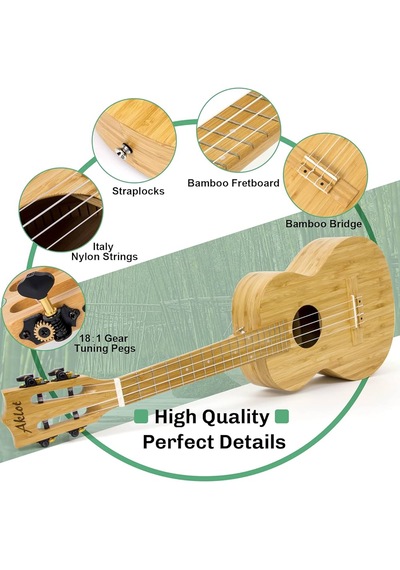 Aklot Akbc-23 Concert Boy Masif Bambo Ağacı Kaliteli Ukulele Ful Set Naturel