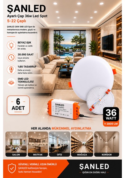 36w Ayarlı Çap Tasarruflu Led Yuvarlak Beyaz Işık Sıva Altı Slim Spot Aydınlatma Armatürü-6 Adettir