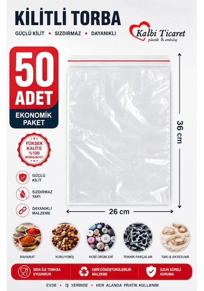Kilitli Torba 26x36 Cm 50'li Kilitli Buzdolabı Poşeti Şeffaf Naylon Torba Kilitli Saklama Poşeti