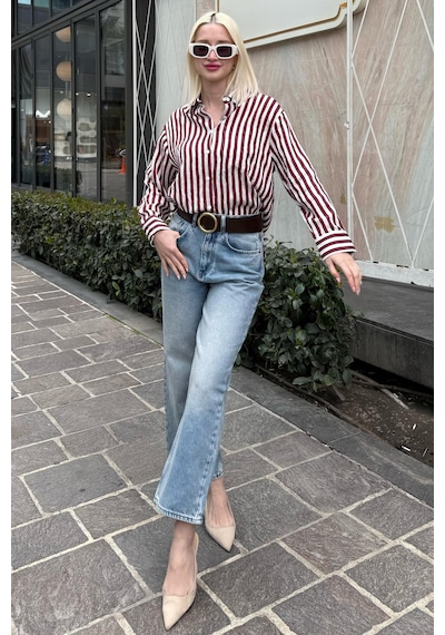 Madmext Bordo Cep Detaylı Çizgili Kadın Gömlek Mg2295 Bordo