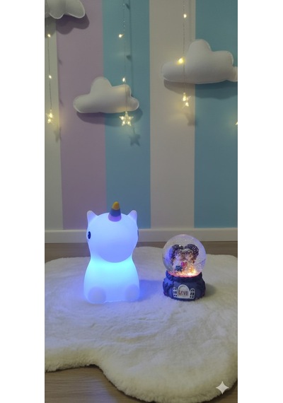 2 Li Sevgiliye Romantik Hediye Seti Unicorn Çok Renkli Led Gece Lambası Ve 9 Cm Mor Kar Küresi Seti Set