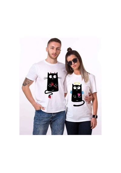 Tshirthane Angel Cat Devil Cat Sevgili Kombinleri Tshirt Kombini Beyaz