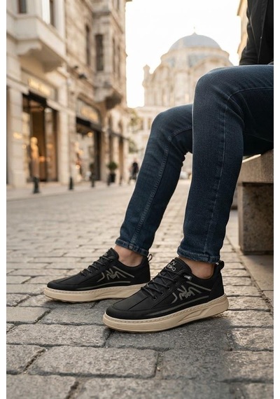 Fort Kelvın Noka Rahat Hafif Lastik Bağcıklı Keten Sneaker Erkek Ayakkabı Siyah