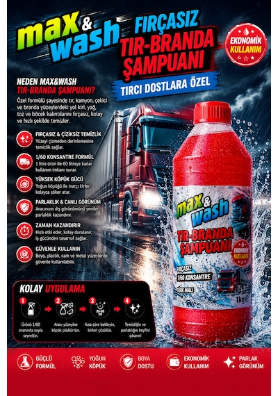 Max&wash 1 Kg Fırçasız Tır-branda Şampuanı 1/60 Konsantre Fırçasız Oto Yıkama Ve Branda Temizleyici