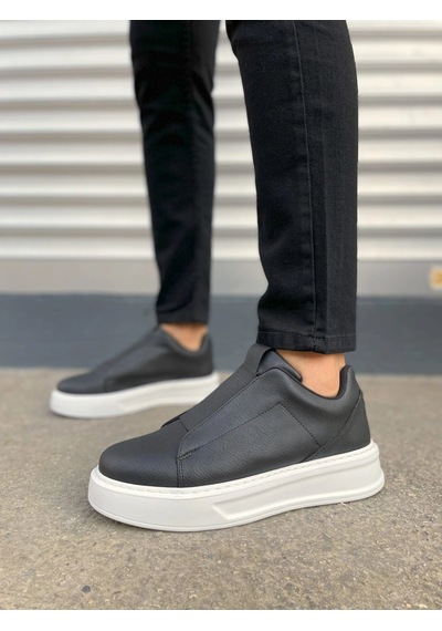 Mevese Torino Erkek Bağcıksız Cilt Günlük Sneaker Ayakkabı Ortopedik Kalın Taban Siyah