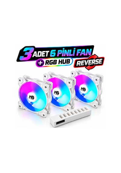 Next Gaming Orion 3 Adet Reverse Ters Bıçak Rgb 6 Pin 120mm Beyaz Fan + Rgb Hub Set