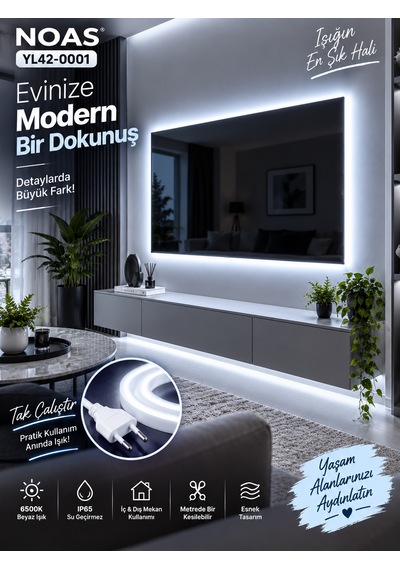 Tak Çalıştır 5 Metre Esnek Noas 6500k Beyaz Neon Led Montaj Aparatı Dahil 220v Tak Çalıştır Ip65 Esnek Hortum Led 8x16 Mm Iç Dış Mekan 6500K - Beyaz Işık