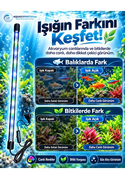 Akvaryum Işığı - Balık Işığı - Bitki Işığı - 17 Cm - 12 Led - Tamamen Su İçinde Kullanılabilir - 3 Modlu - 2w - Mükemmel Işık