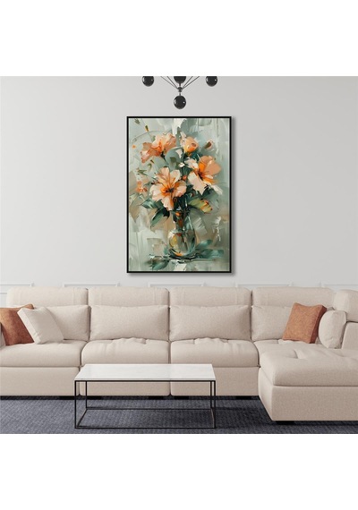Yağlı Boya Dokulu Tablo Vazoda Modern Çiçekler Siyah Çerçeveli U02055-178908