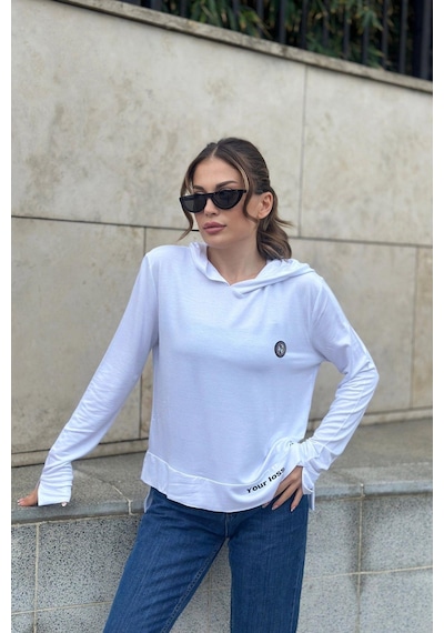 WeShaya Kadın Beyaz Uzun Kol, Yırtmaç Detaylı, Arma Ve Yazı Detaylı, Kapüşonlu Sweatshirt Bluz Beyaz WeShaya Kadın Beyaz Uzun Kol, Yırtmaç Detaylı, Arma Ve Yazı Detaylı, Kapüşonlu Sweatshirt Bluz Beyaz