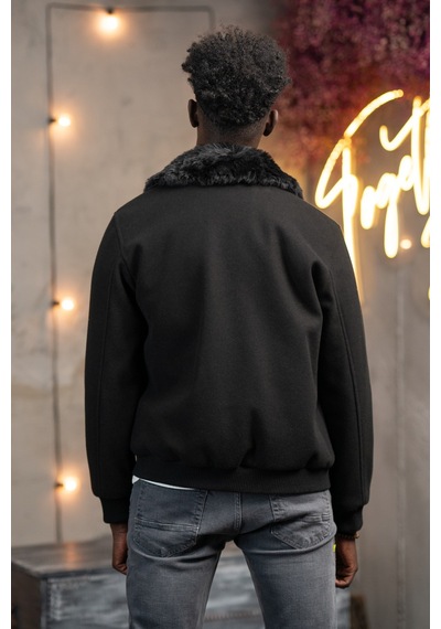 Akçaylar Slimfit Kürklü Sabit Yaka Beli Lastikli Astarlı Kaşe Mont Siyah