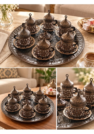 Osmanlı Motifli Türk Kahvesi Fincan Takımı Kapaklı Tepsili Özel Metal Sunum Seti Ac-ft-001/6'lı Eskitme Renk