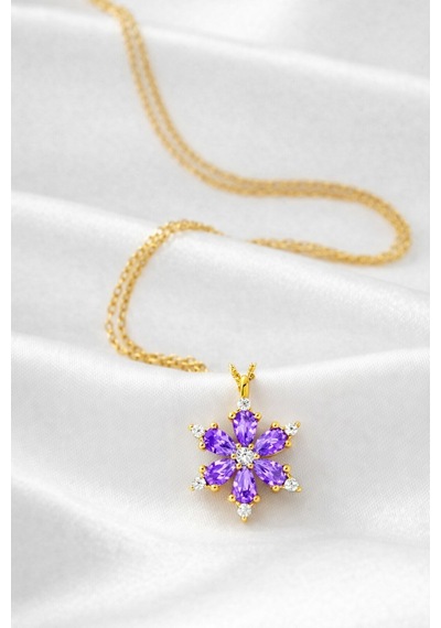 Çekirdekjewelry 925 Ayar Gümüş Altın Kaplama Mortaşli Kamelya Çiçeği Kolye Sarı Mor