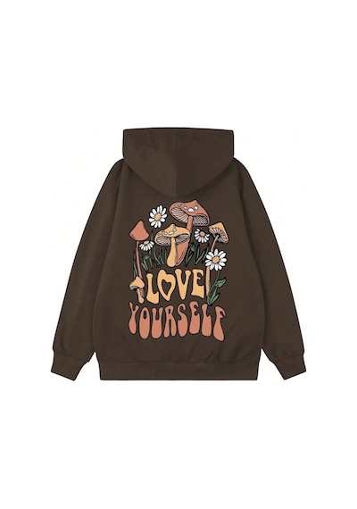 Uyguntarz Unisex Oversize Love Yourself Baskılı Sweatshirt Kahverengi
