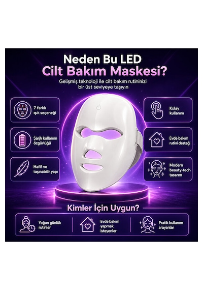 Işıklı Cilt Bakım Maskesi 7 Renk Led Işık Terapisi Yüz Maskesi 400mah Şarjlı Kırışıklık