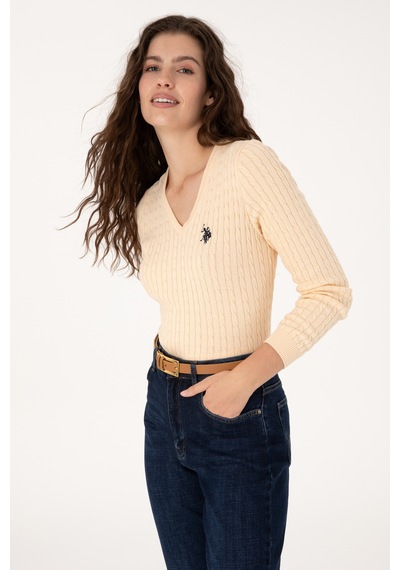 U.S. Polo Assn. Kadın Yavruağzı V yaka Basic Kazak 50313625-VR053