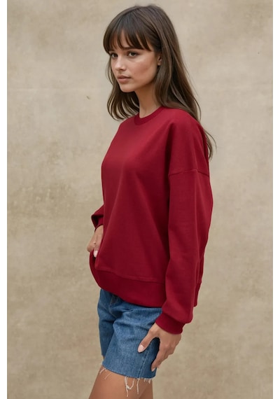Hiccup Oversize Bisiklet Yaka Basic Sweatshirt Bordo Kırmızı