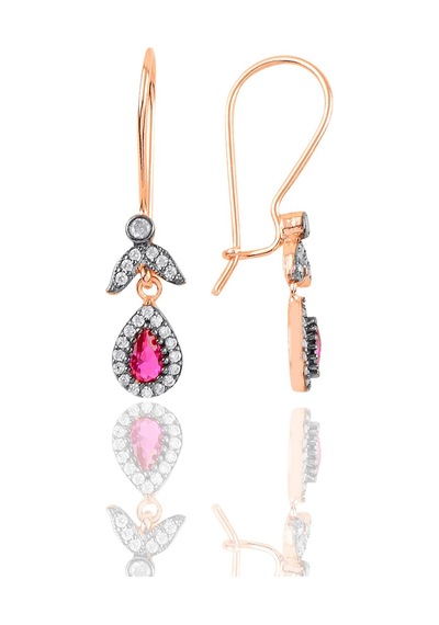 Gümüş Rose Kök Yakut Taşlı Damla Küpe N11.48009