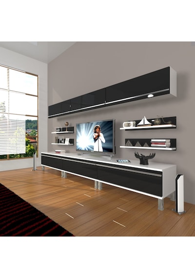 Decoraktiv Eko 8y Mdf Krom Ayaklı Tv Ünitesi Tv Sehpası Beyaz - Siyah