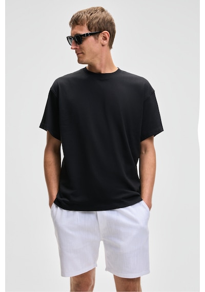 Grimelange FEON Erkek Oversize Geniş Kesim %100 Organik Pamuk Kalın Dokulu Yuvarlak Yaka Siyah T-Shirt