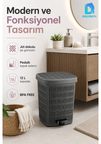 Jute Pedallı Çöp Kovası Kapaklı Plastik Banyo Mutfak Ofis Atık Kovası 30x27x34 Cm Siyah
