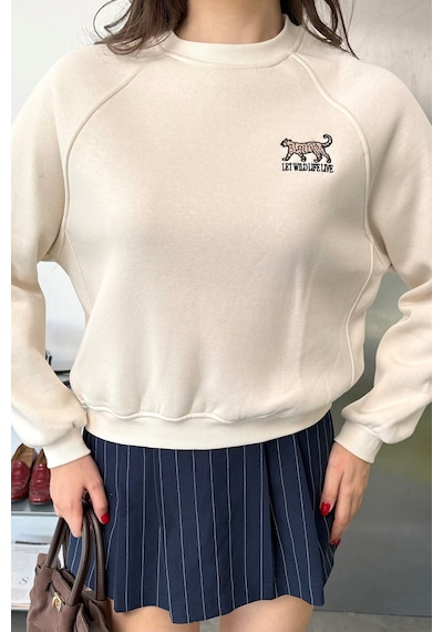 Jee Lee Kadın Bisiklet Yaka Leopar Nakışlı Sweatshirt Taş - 27k 2712