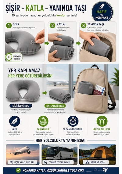 Gri Şişme Seyahat Boyun Yastığı Uçak Araç Kamp İçin Ergonomik Taşınabilir Travel Yastık