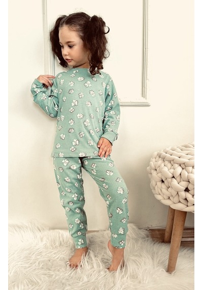 Kız Çocuk Fitilli Kumaş Çiçek Desenli Pijama Takımı Esnek Kumaş Yeni Sezon Yeşil Renk Yesil
