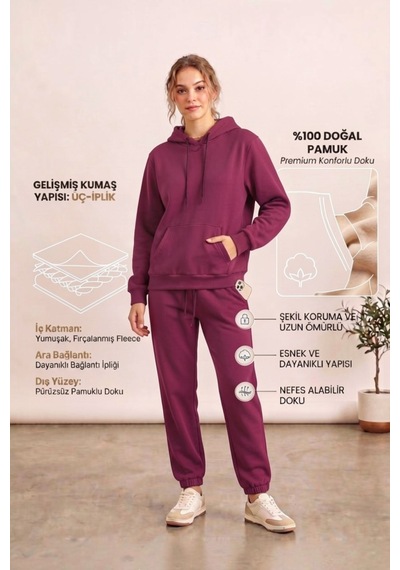 Moibody Kadın 3 İplik Şardonlu Eşofman Takımı Premium Kapüşonlu Sweatshirt Ve Jogger Alt Mürdüm Mürdüm