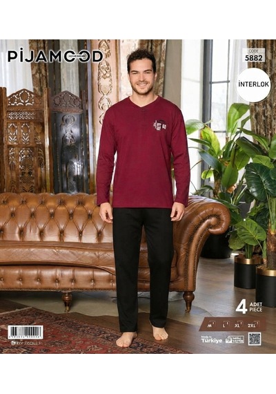 Pijamood Erkek İnterlok Uzun Kollu Kışlık Penye Pijama Takımı 5888 Bordo