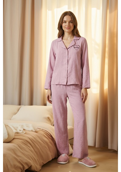 Pembe Slogan Ve Kalpli Nakışlı Dokuma Pijama Takımı