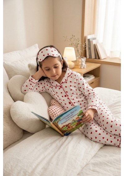 Ahengim Kız-erkek Çocuk Çizgili Kalpli Puantiyeli Desenli Pamuklu Pijama Takımı Göz Bantlı 3 Lü Set Ak2610 Beyaz Ahengim Kız-erkek Çocuk Çizgili Kalpli Puantiyeli Desenli Pamuklu Pijama Takımı Göz Bantlı 3 Lü Set Ak2610 Beyaz