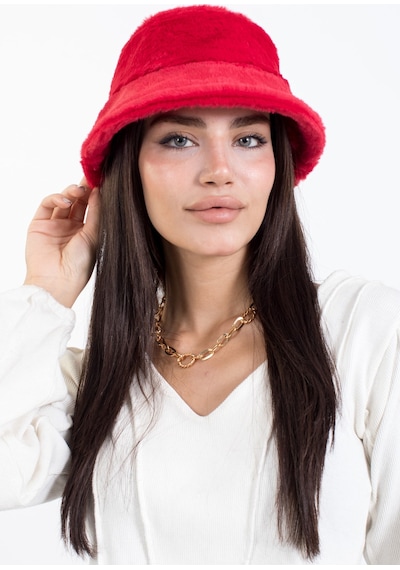 Ladycolor Tavşan Tüyü Peluş Bucket Kova Moda Kadın Kışlık Şapka Kırmızı
