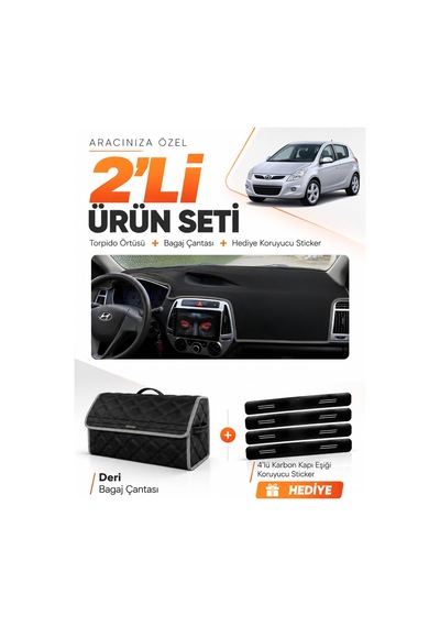 Hyundai İ20 2008-2014 Uyumlu Torpido Örtüsü + Deri Bagaj Çantası + Sticker Seti - Siyah Gri