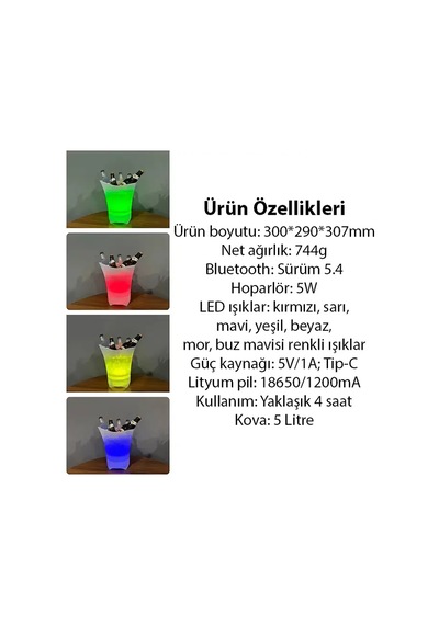 Ezere Hoparlör Buz Kovası 5l Bluetooth Hoparlör Ile Renkli Buz Kovası Led- 5775