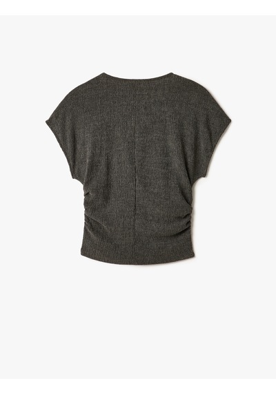 Koton Drape Detaylı Kısa Yarasa Kollu Bisiklet Yaka Slim Fit Dokulu Tişört Antrasit 5sak50156ek Antrasit